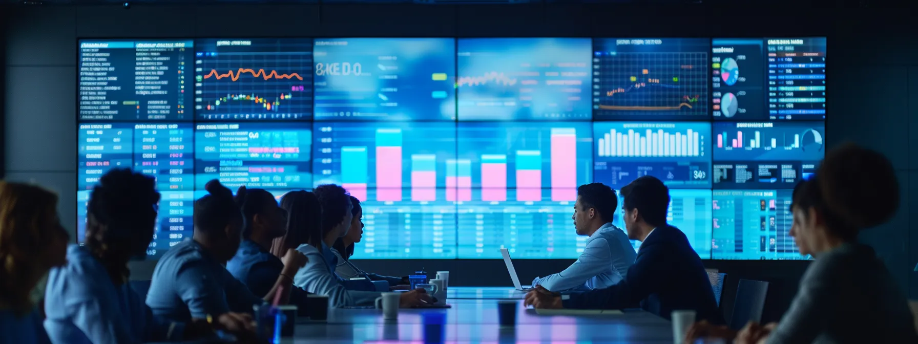 A data center analyzing graphs on a multitude of monitors.