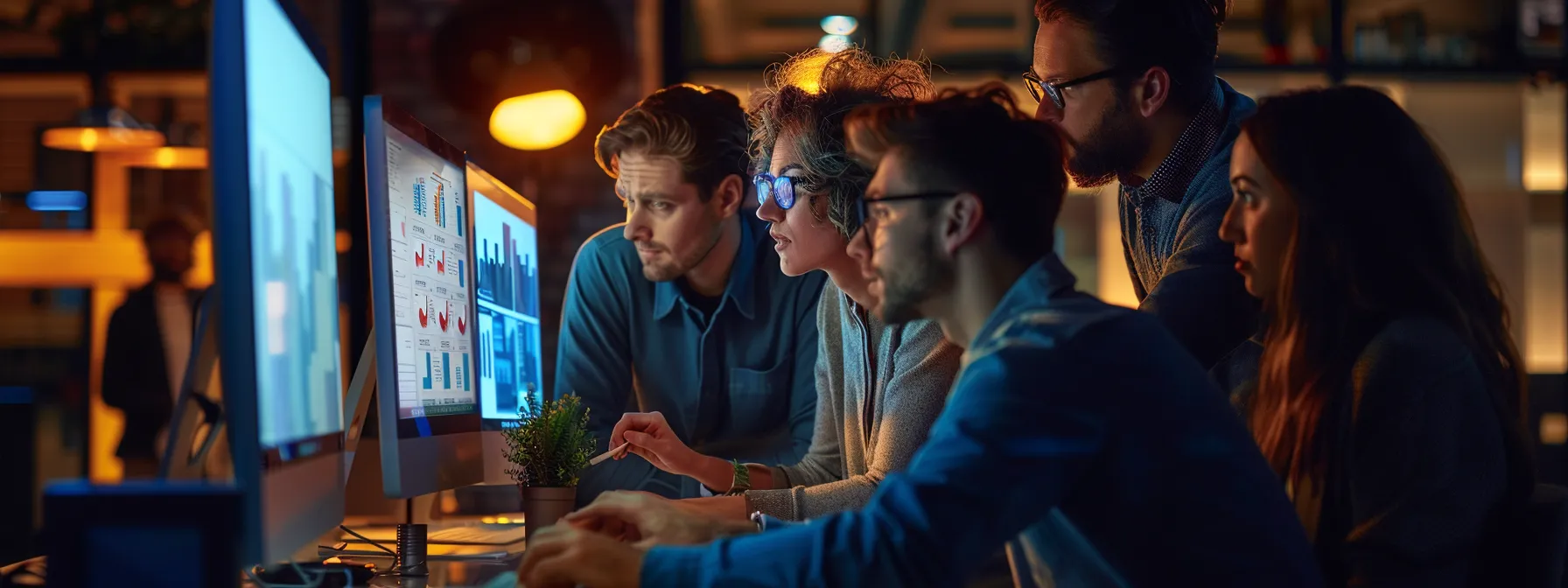 People huddled around a computer to learn more about their new proposal management software.