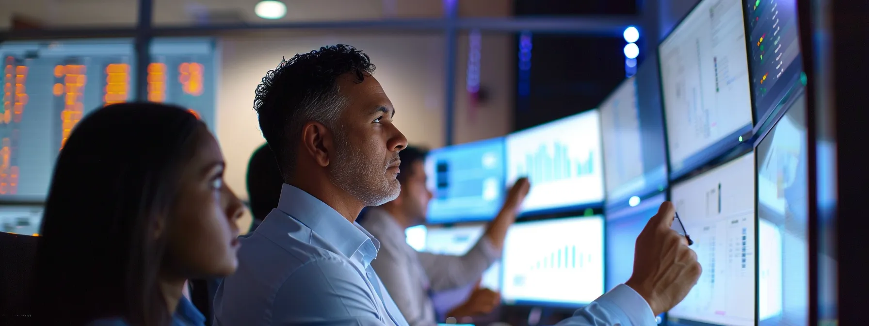 Team members analyzing data on a computer monitor to assess the impact of a knowledge base on business growth